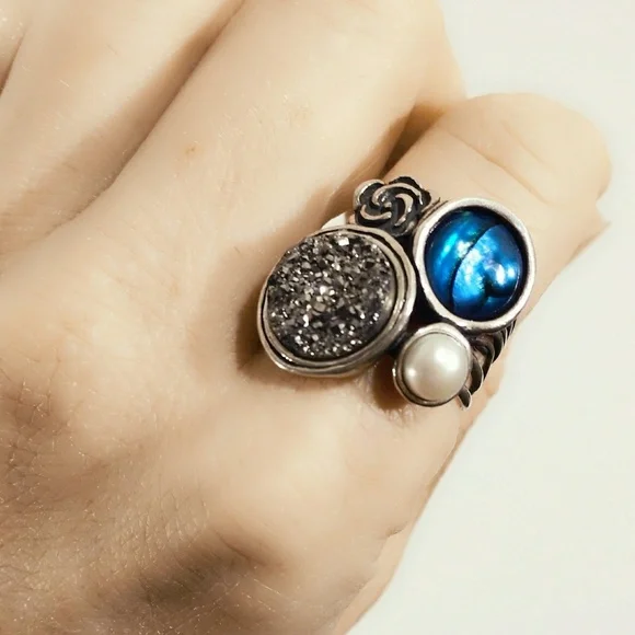 Vintage Sterling Silver Kyanite & Pearl Modern Abstract Ring- 7 - Picture 2 of 5